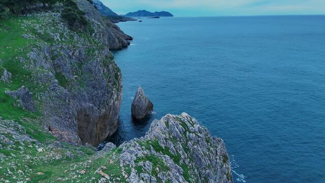 Cliffs in the surroundings of La Milla Medida de Islares. Aerial view from a drone. Castro Municipality. Cantabrian Sea. Cantabria. Spain. Europe