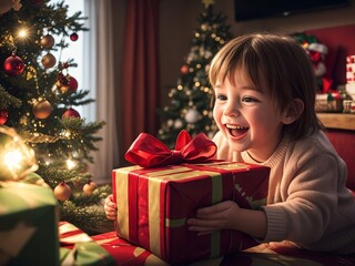 A little boy with an excited and happy face picks up his Christmas gift next to the tree in the living room.