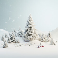 The picture reveals a picturesque snow-covered Christmas tree standing in a serene forest, embodying the tranquil beauty of nature during the holiday season
