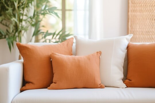 sofa with white and terracotta pillows