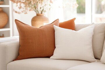 sofa with white and terracotta pillows