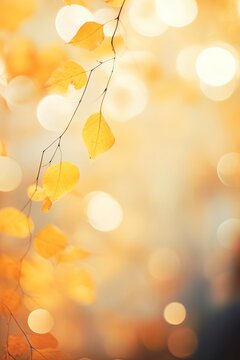 An out of focus blurred autumn background with leaves and lots of bokeh. Room for text copy.
