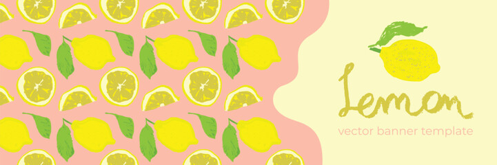 Banner template with vector color lemon seamless pattern. Citrus fruit backdrop on pink background. Hand drawn lemons illustration. Lemon emblem with green leaves. Botanical fabric pattern.