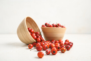 Bowls with fresh rose hip berries on white background