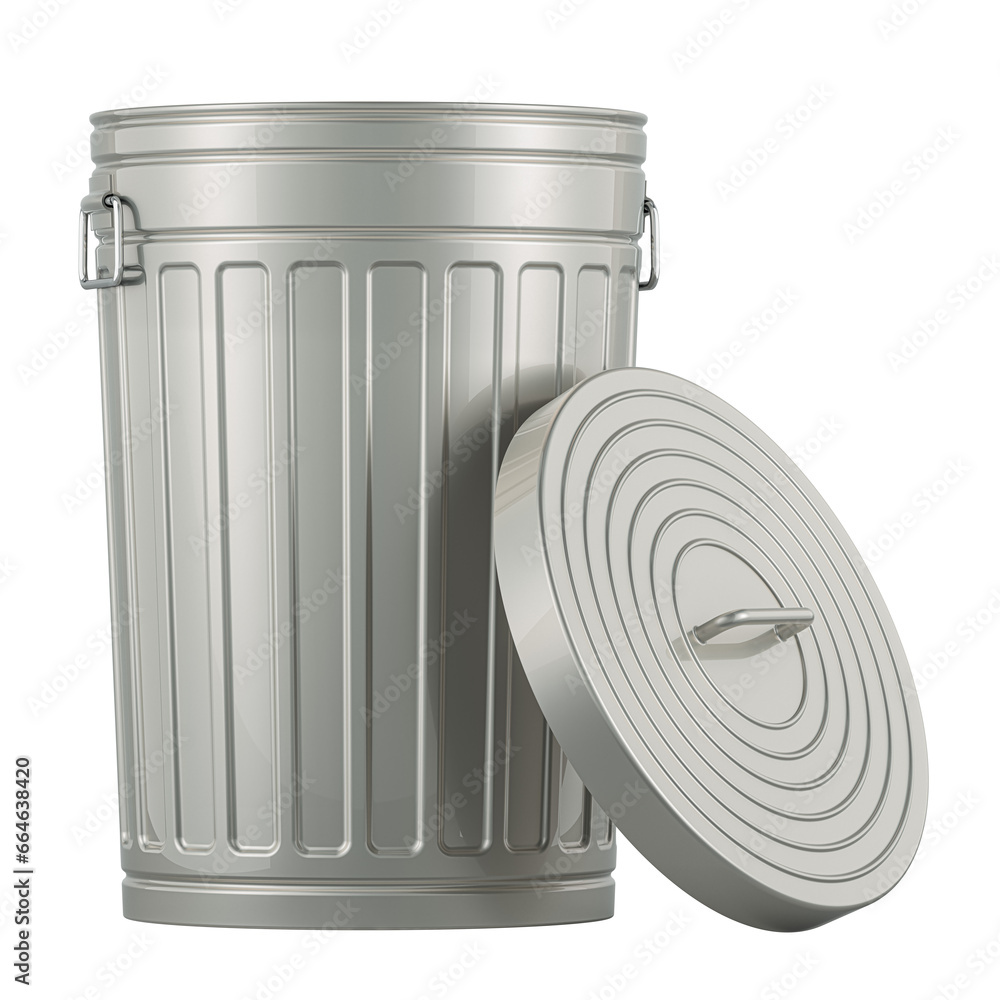 Poster metal trash can, opened and empty. 3d rendering isolated on transparent background