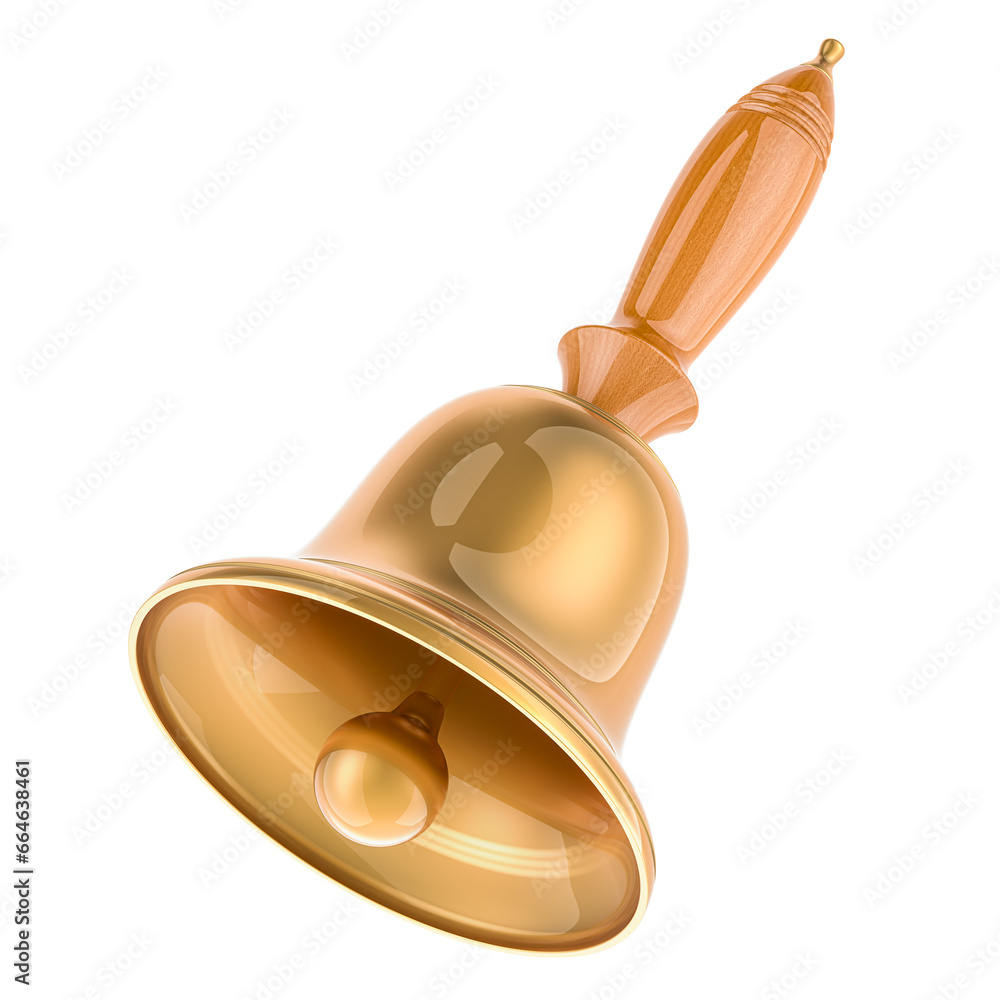 Poster hand bell with wooden handle. 3d rendering isolated on transparent background
