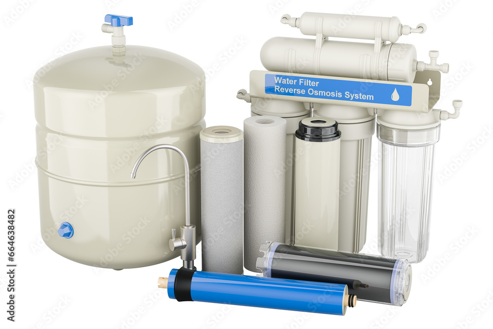 Poster reverse osmosis system with water filters, carbon filters and cartridge membrane, 3d rendering isola