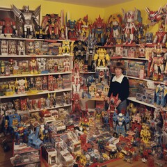 kid with toys in toy store, toy collections, old old-style