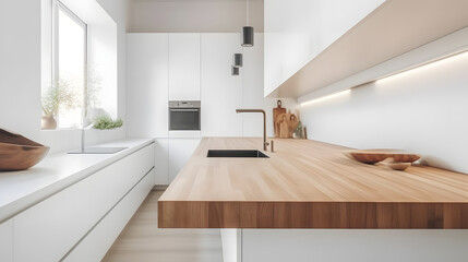 Wooden light empty table top in modern white kitchen 