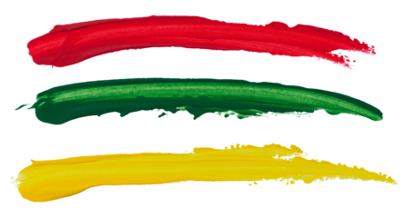 Strokes of red, green and yellow acrylic paint on a white isolated background