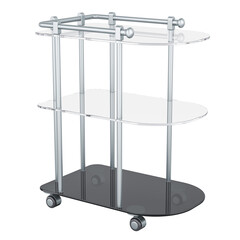 Serving cart. Table from metal and glass with wheels. 3D rendering isolated on transparent background