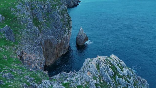 Cliffs in the surroundings of La Milla Medida de Islares. Aerial view from a drone. Castro Municipality. Cantabrian Sea. Cantabria. Spain. Europe