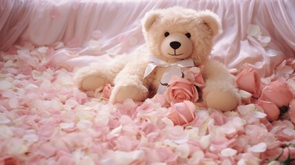 A close-up of a teddy bear with soft, silvery fur, sitting on a bed of rose petals. The bear's expression is gentle and affectionate.
