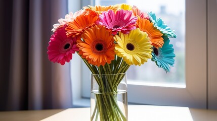 f a bouquet of rainbow-colored gerbera daisies, radiating joy and happiness on a bright, sunny day.