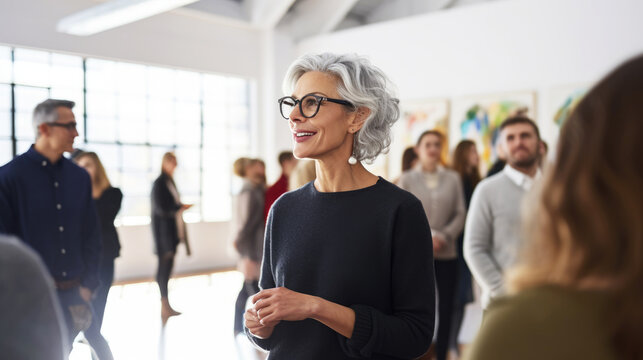 An elegant woman, a lady art critic and a professional gallery curator of an exhibition at a modern museum of contemporary art. In the background, a group of people discuss of artworks. Lifestyle