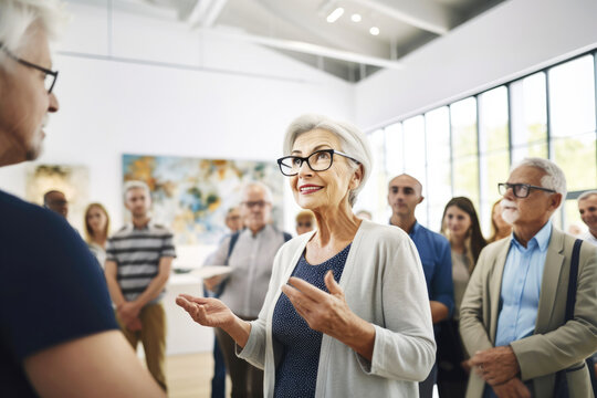 Elegant woman, a lady art guide, historian and a curator of an exhibition at a modern museum of contemporary art. Gives a lecture group of people, visitors gallery, about paintings and artworks