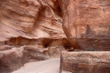 Kayon Sik. A close-up view of the winding road and undulating canyon walls. Petra Jordan