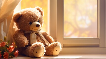 A fluffy brown teddy bear sitting on a sunlit windowsill, its fur catching the warm rays of light. The teddy bear has a friendly expression and is surrounded by colorful cushions.