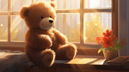 A fluffy brown teddy bear sitting on a sunlit windowsill, its fur catching the warm rays of light. The teddy bear has a friendly expression and is surrounded by colorful cushions.