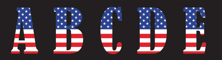 Vector font on the background 
of national flag of usa.
A set of letters of the english alphabet ABCDE with
american pattern of stars and stripes for
clothing, fabric, textile, paper.
Pattern.