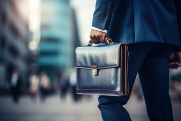 business person holding briefcase walking in street