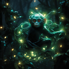 Neon Jungle Swing, A mischievous, animated monkey, neon vines