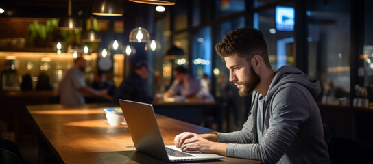 young professional man working on laptop in cafe shop in evening