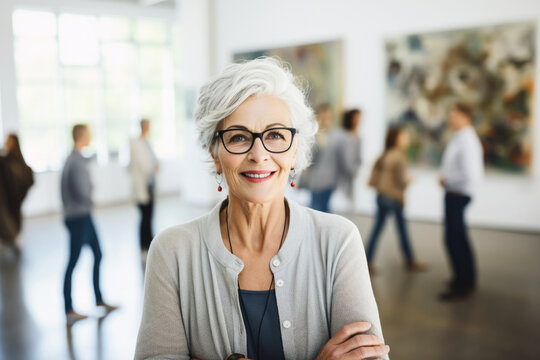 Portrait of an elegant woman, a lady art critic and a professional curator of an exhibition at a modern museum of contemporary art. On a background group of people visitor gallery discussion artwork