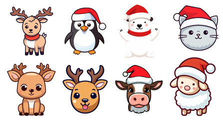 Set of Cute Animal Cartoon Characters for a Joyous Christmas and New Year, Happy Winter Break for Children - isolated on transparent background, png