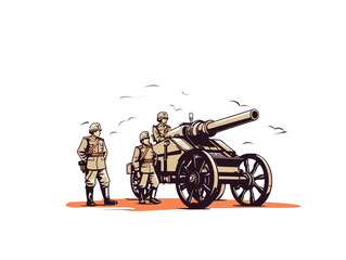 Fototapeta premium Doodle Soldiers with cannons, cartoon sticker, sketch, vector, Illustration, minimalistic