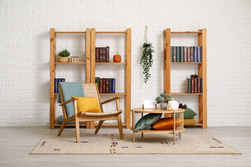 Interior of stylish living room with armchair, table and bookshelves