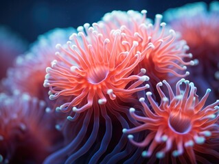 Naklejka na ściany i meble A close-up of a bunch of sea anemones. Generative AI.