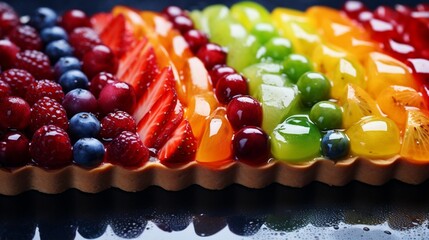 Focus on the intricate details of a rainbow-hued fruit tart, glazed to perfection. - obrazy, fototapety, plakaty