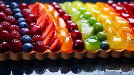Tuinposter Focus on the intricate details of a rainbow-hued fruit tart, glazed to perfection. © Fahad