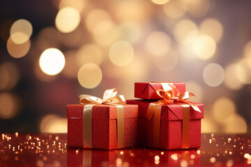 Christmas xmas or celebration holiday festive greeting card - Closeup of many different red presents gift boxes with gold ribbon, background with bokeh lights and christmas created using generative AI