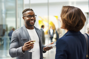 A male artist, african american ethnicity, at the opening day of the exhibition at a modern museum of contemporary art, communicates with Elegant woman, a lady art critic and a professional curator