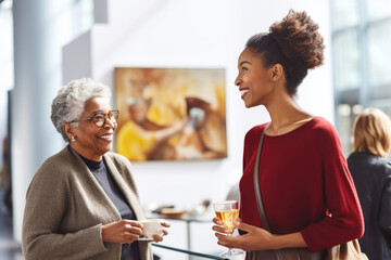 A female artist, african american ethnicity, at the opening day of the exhibition at a modern museum of contemporary art, communicates with Elegant woman, a lady art critic and a professional curator - obrazy, fototapety, plakaty