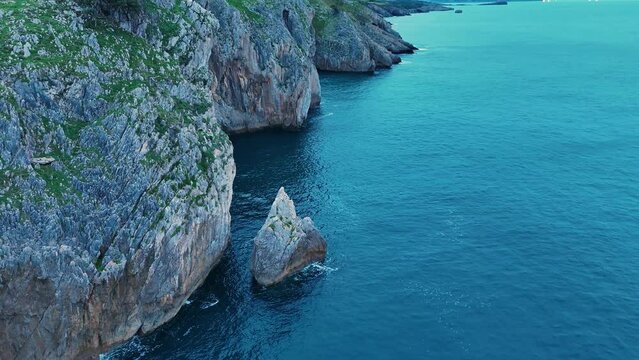 Cliffs in the surroundings of La Milla Medida de Islares. Aerial view from a drone. Castro Municipality. Cantabrian Sea. Cantabria. Spain. Europe