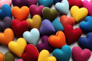 Fototapeta premium Charming Colorful woolen hearts. Heart craft on table. Generate Ai