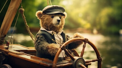 A teddy bear wearing a captain's hat, standing at the wheel of a toy sailboat on a pond. The bear's expression is determined and adventurous.