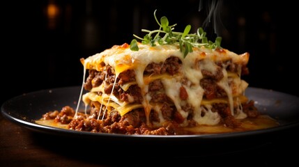 Focus on the intricate layers of a classic lasagna, topped with bubbling, golden cheese.