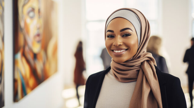Portrait of a muslim woman of african nationality, art academy student at a contemporary exhibition at the museum of contemporary art. In the background abstract paintings and people, gallery visitors