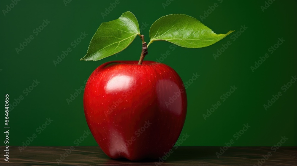 Poster a red apple with a leaf sticking out of it. generative ai.