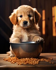 A golden retriever puppy is sitting in a bowl of food. Generative AI.