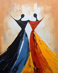 Abstract Ballet Girls Oil Painting On Canvas - Ballerina Dress Dancer Textured Hand Painted Painting - African girls dancing illustration oil painting watercolor art - obrazy, fototapety, plakaty