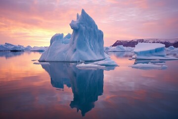 Arctic iceberg floats in water as ice melts due to climate change. Icebergs float at dawn. Generative AI - obrazy, fototapety, plakaty