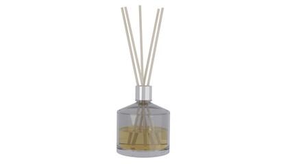 Glass aroma bottle with liquid and wooden sticks isolated on transparent and white background. Aroma concept. 3D render