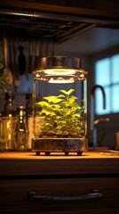 Fototapeta na wymiar A plant in a glass jar on a counter. A herb garden. Generative AI.
