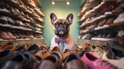 A bulldog dog sitting in a pile of shoes. Generative AI.