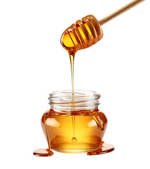 Aromatic sweet golden honey flowing from wooden dipper to glass jar, isolated over white background. Created with generative Ai